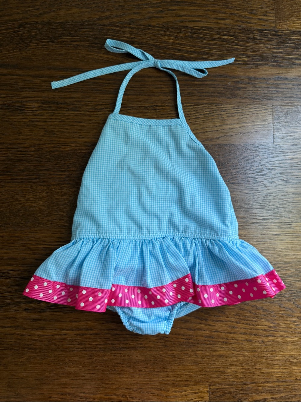 Banana Split Light Blue Halter Ruffle Swimsuit with Pink Polka Dot Trim 6M